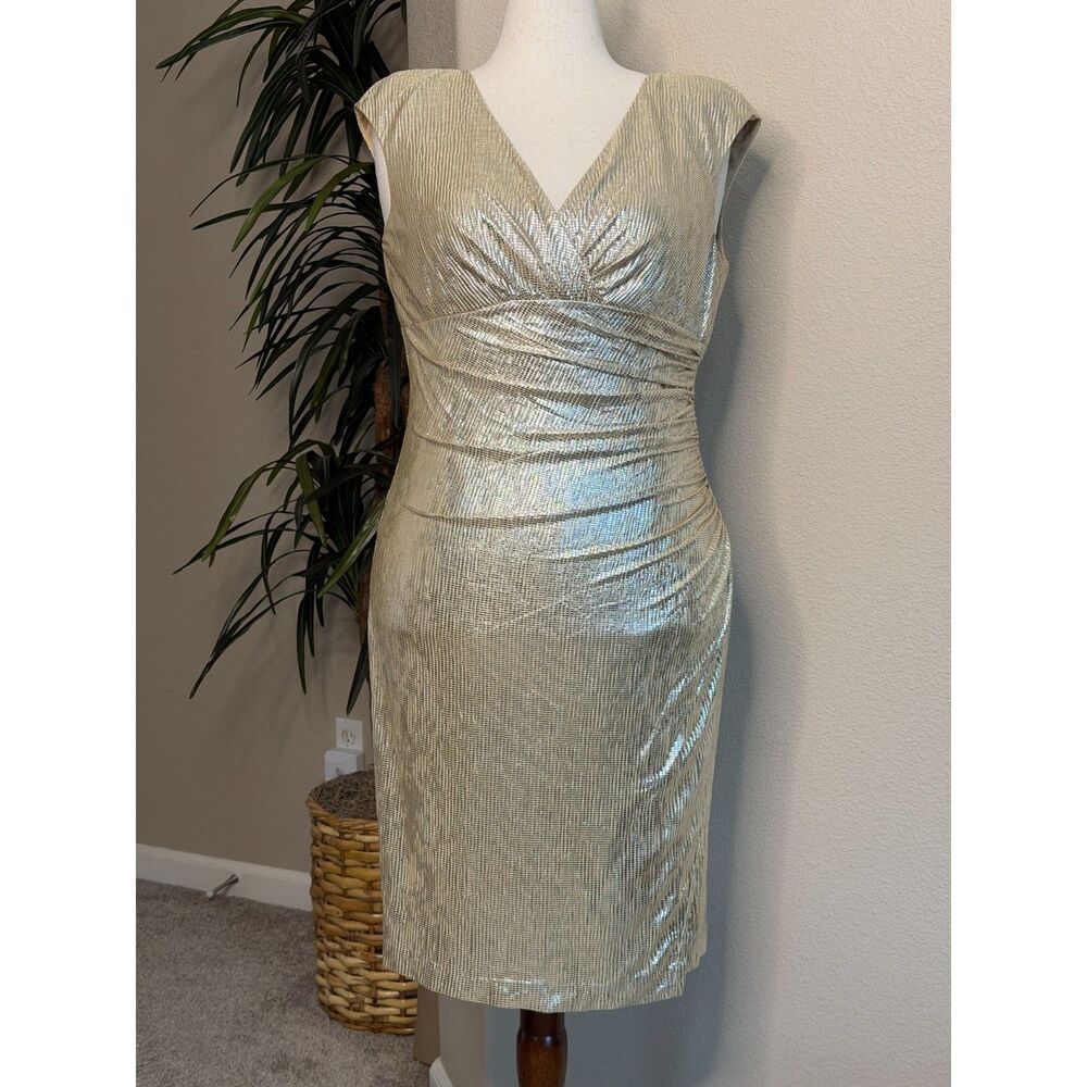 Lauren Ralph Lauren Champagne Metallic Roched Cap Sleeve Cocktail Dress Size 12